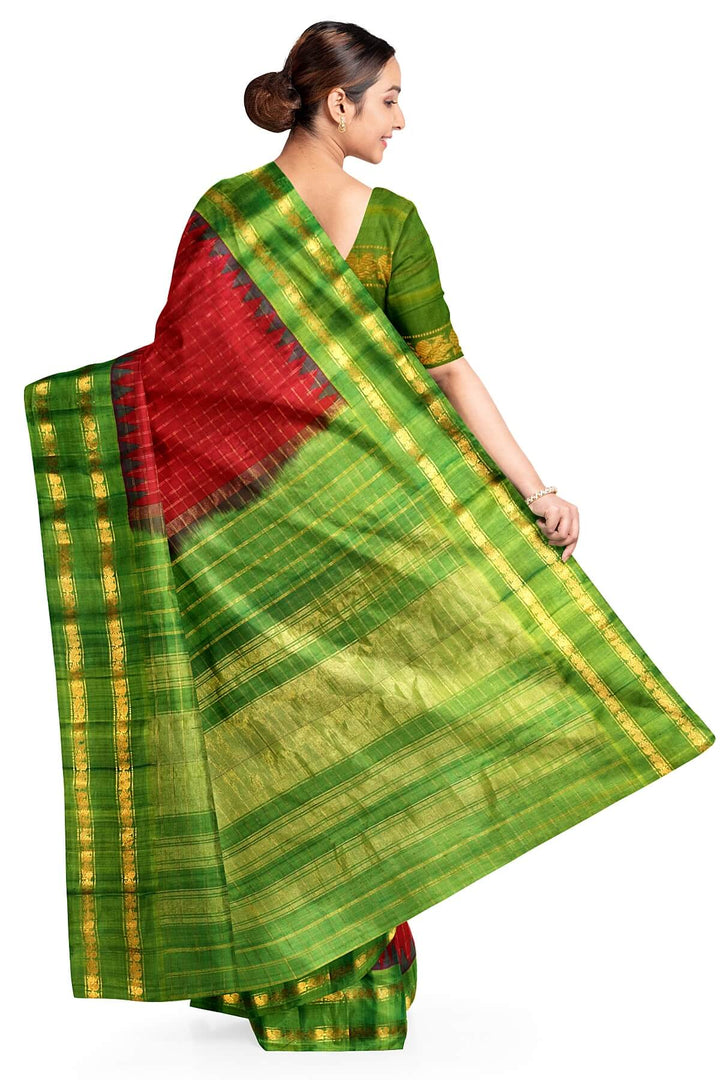 Handwoven Gadwal pure silk saree in red with checks on the body