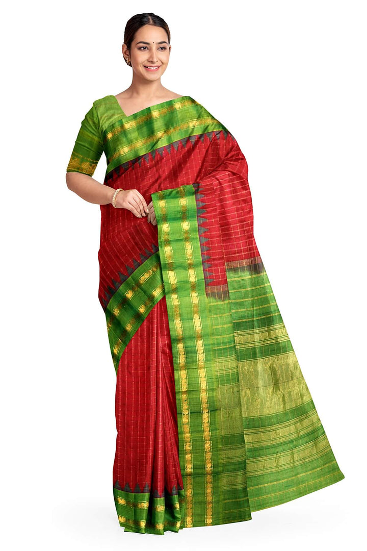 Handwoven Gadwal pure silk saree in red with checks on the body