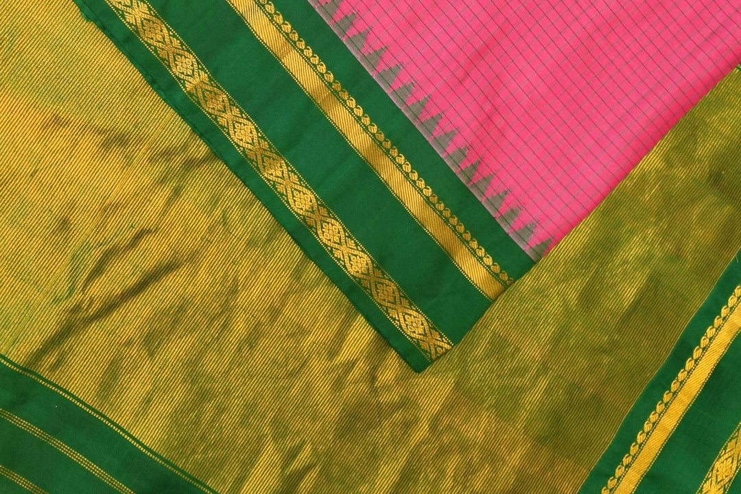 Handwoven Gadwal pure silk saree in pink with checks on the body