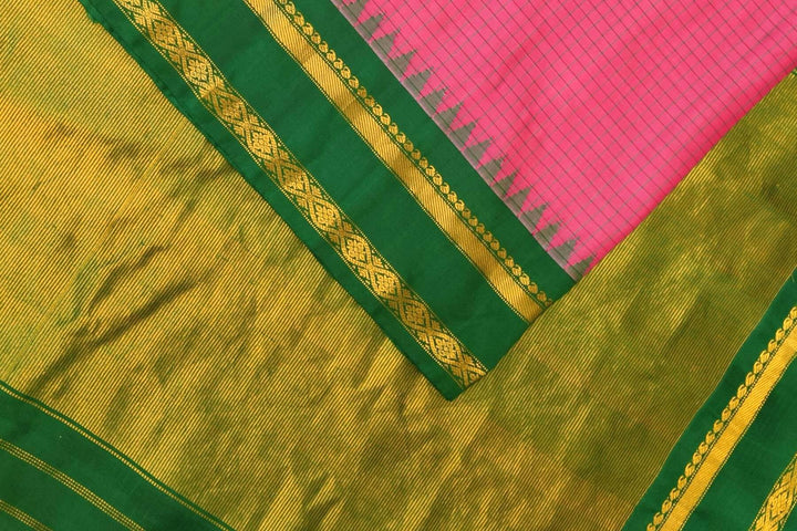 Handwoven Gadwal pure silk saree in pink with checks on the body