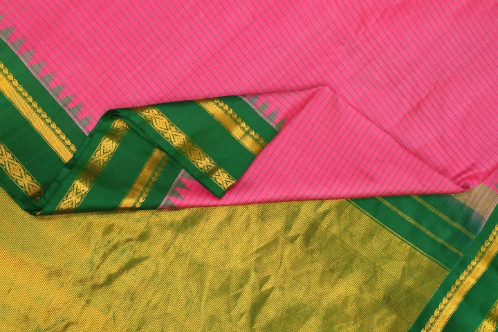 Handwoven Gadwal pure silk saree in pink with checks on the body