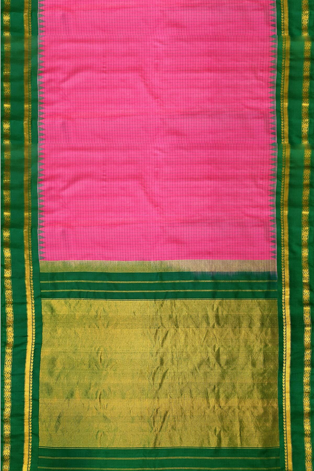 Handwoven Gadwal pure silk saree in pink with checks on the body