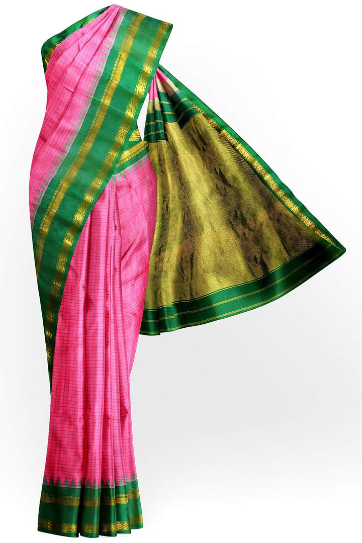 Handwoven Gadwal pure silk saree in pink with checks on the body