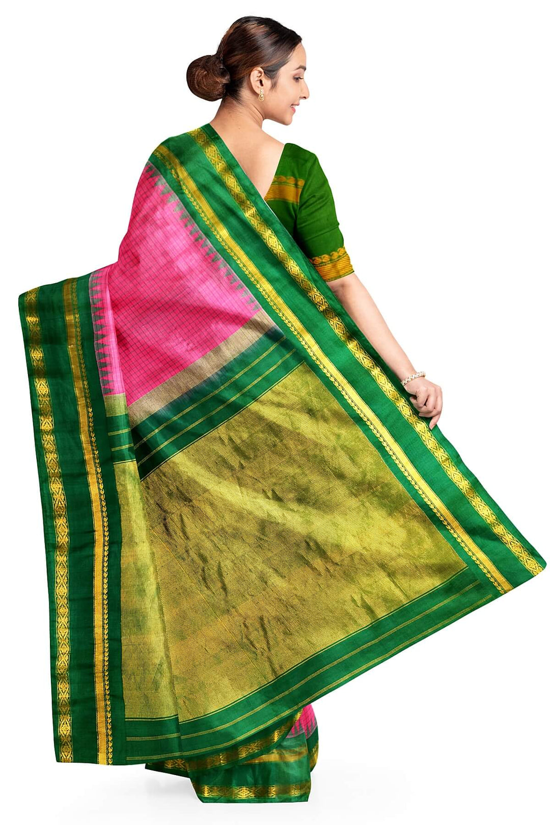 Handwoven Gadwal pure silk saree in pink with checks on the body