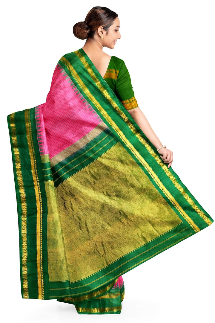Handwoven Gadwal pure silk saree in pink with checks on the body