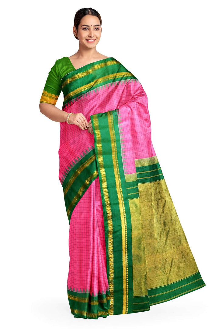 Handwoven Gadwal pure silk saree in pink with checks on the body