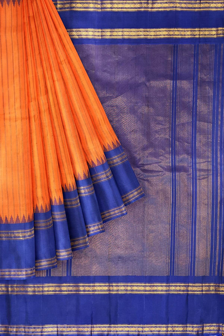 Gadwal pure silk saree in orange with stripes.