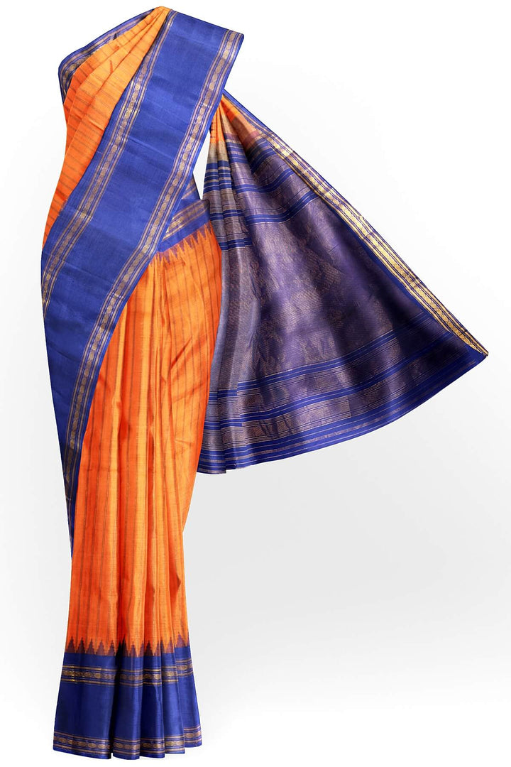 Gadwal pure silk saree in orange with stripes.