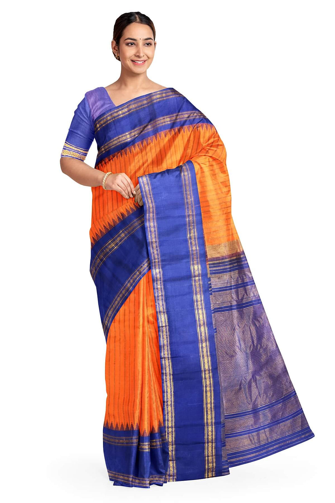 Gadwal pure silk saree in orange with stripes.