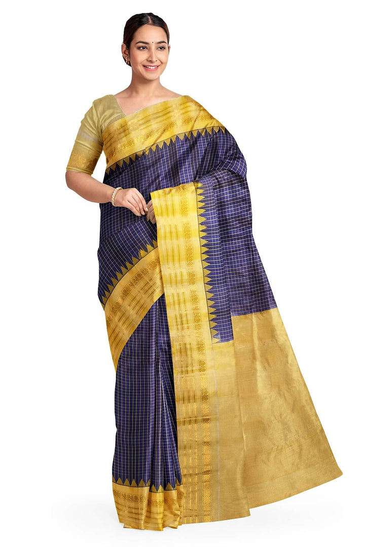 Gadwal pure silk saree in violet with checks.