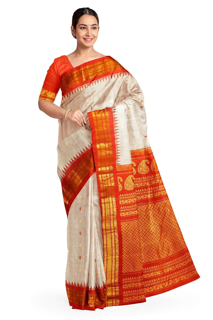 Gadwal pure silk saree in off white  in checks