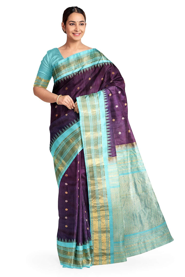 Gadwal pure silk saree in  purple in checks