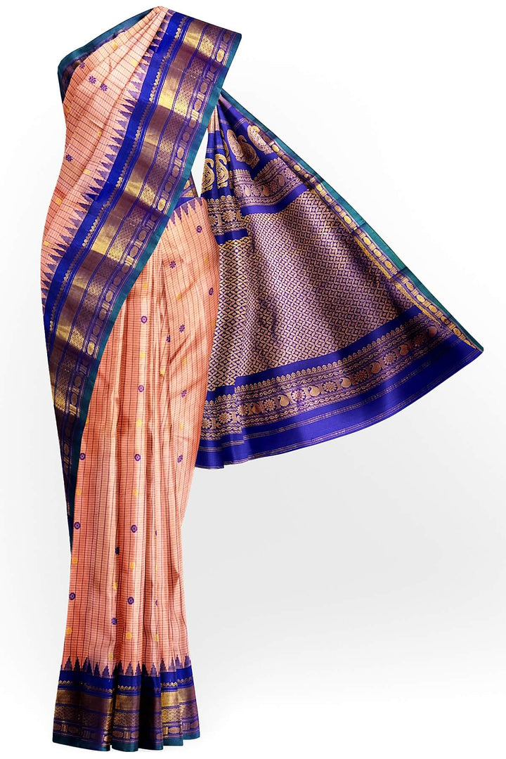 Gadwal pure silk saree in peach in checks