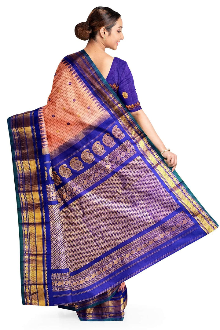 Gadwal pure silk saree in peach in checks