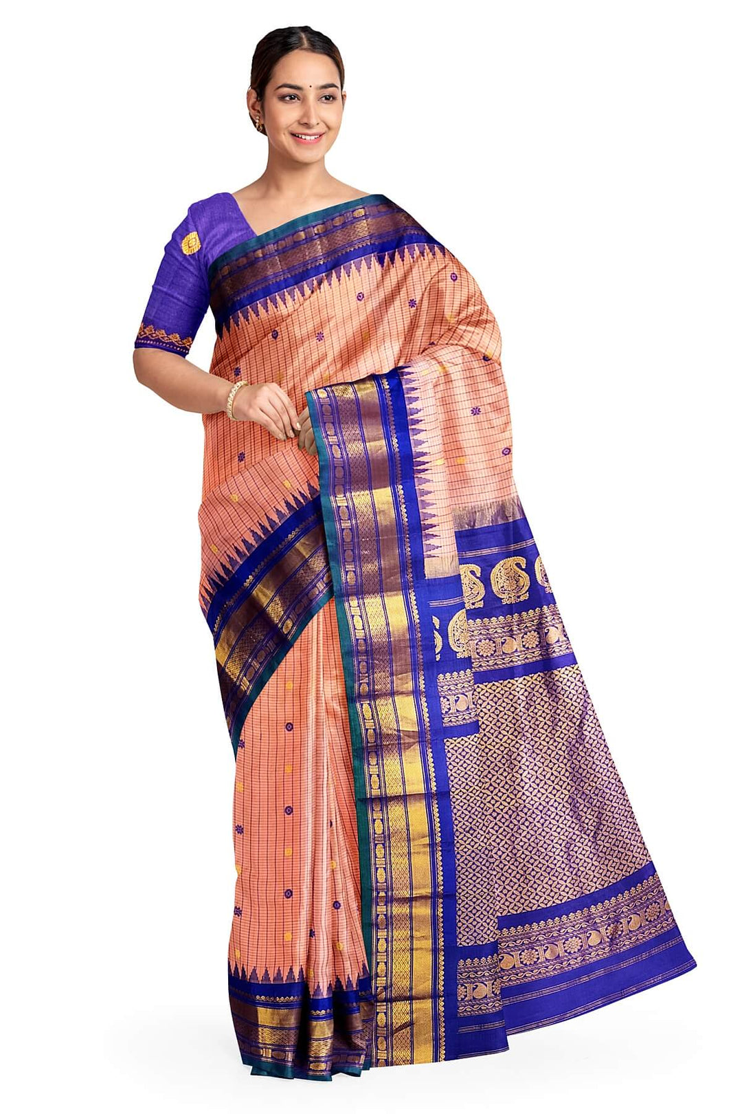 Gadwal pure silk saree in peach in checks