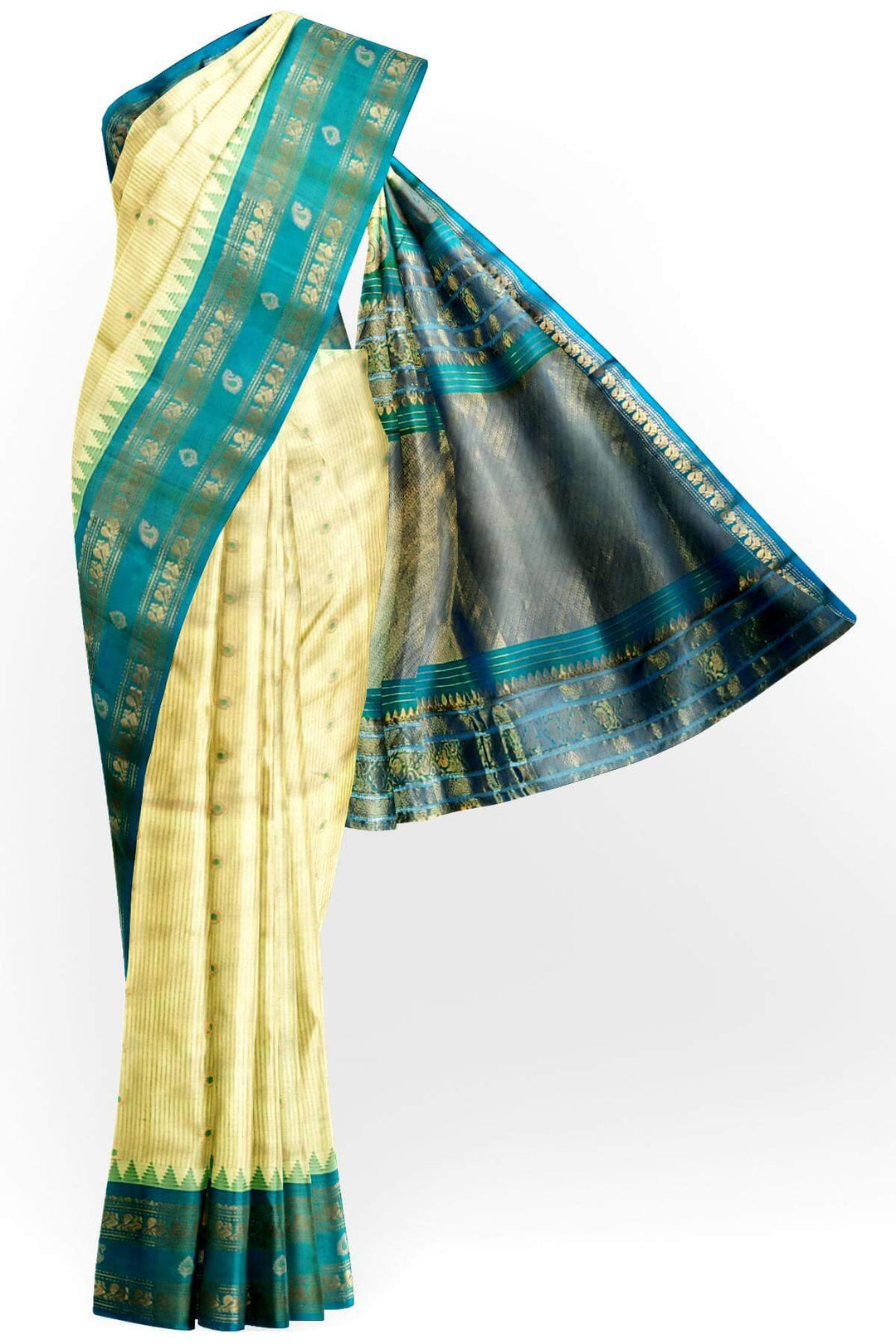 Gadwal pure silk saree with meena buttis & stripes.