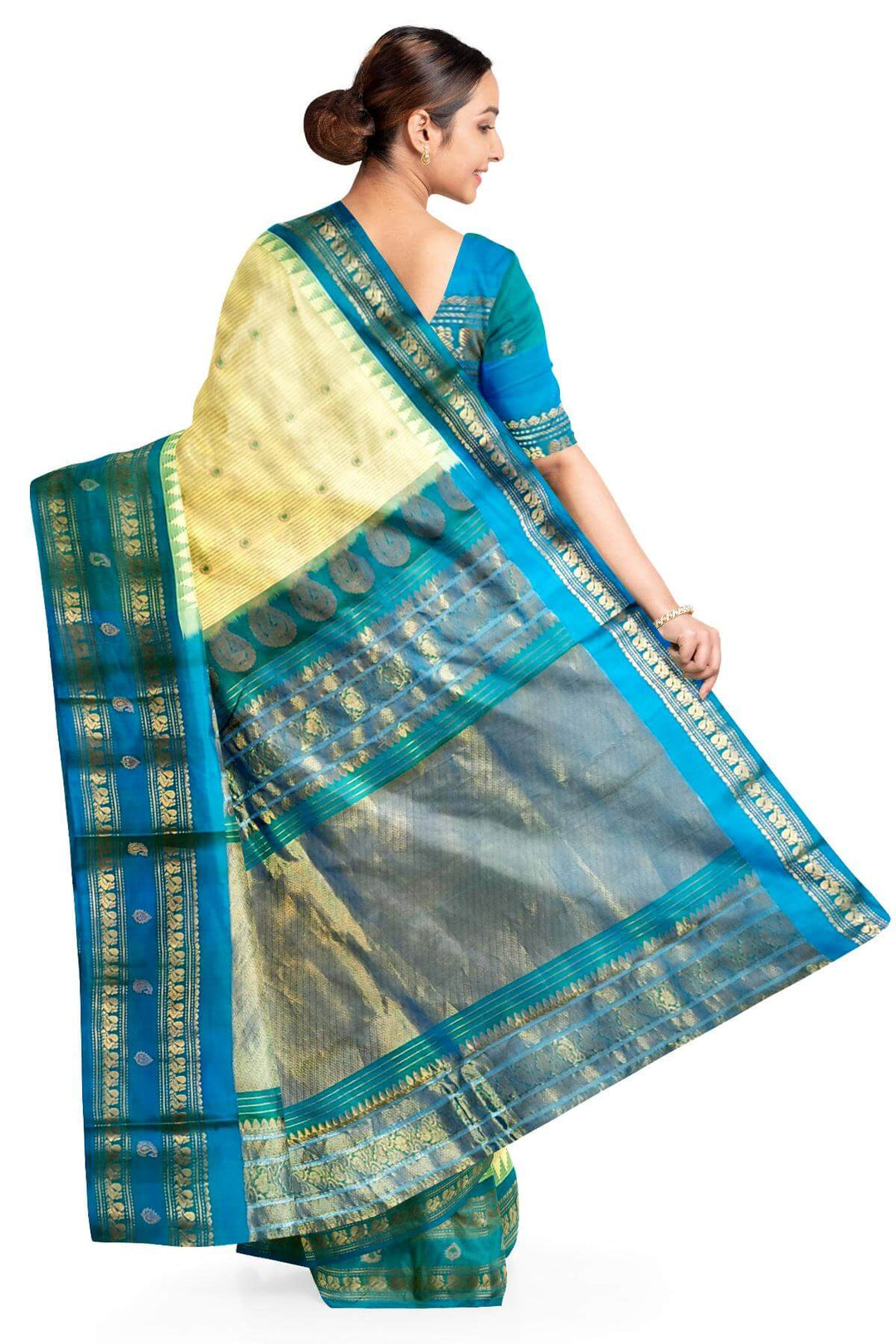 Gadwal pure silk saree with meena buttis & stripes.