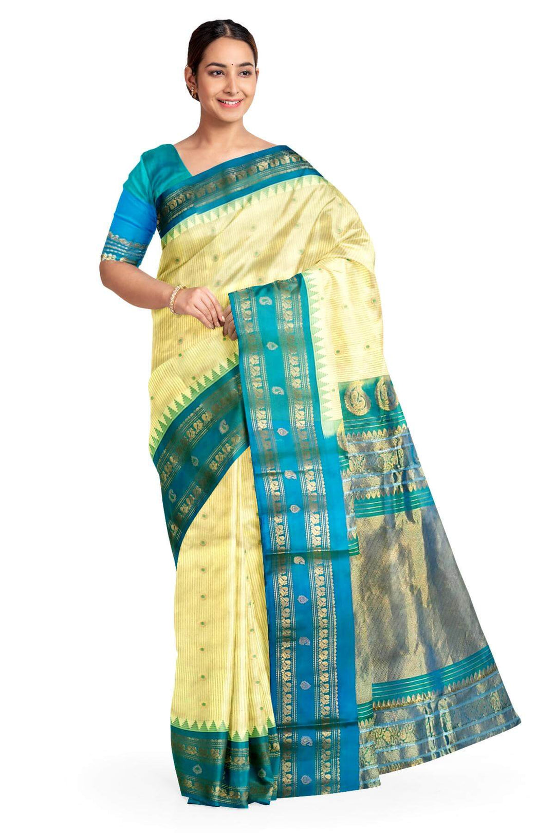 Gadwal pure silk saree with meena buttis & stripes.