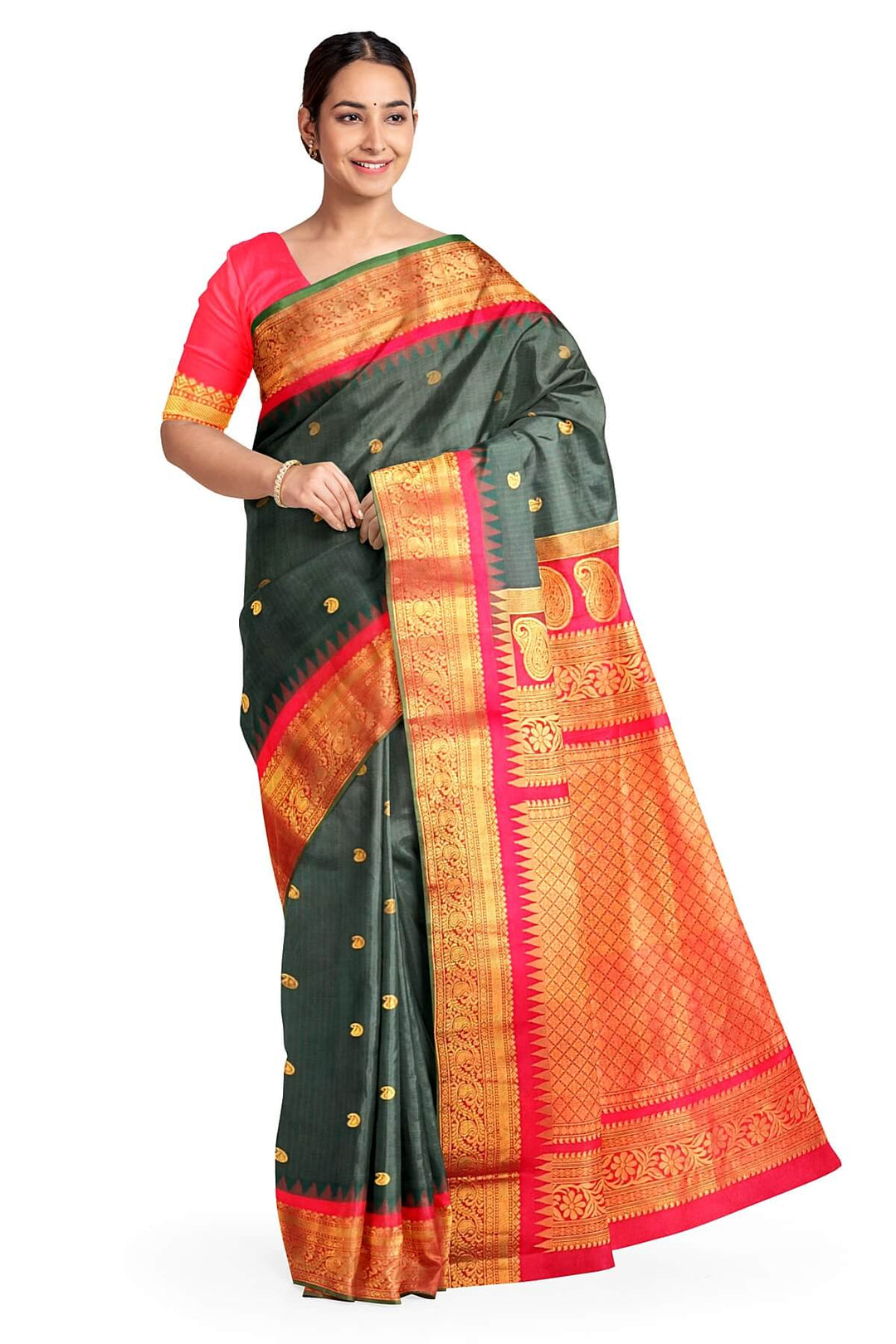 Gadwal pure silk saree in bottle green