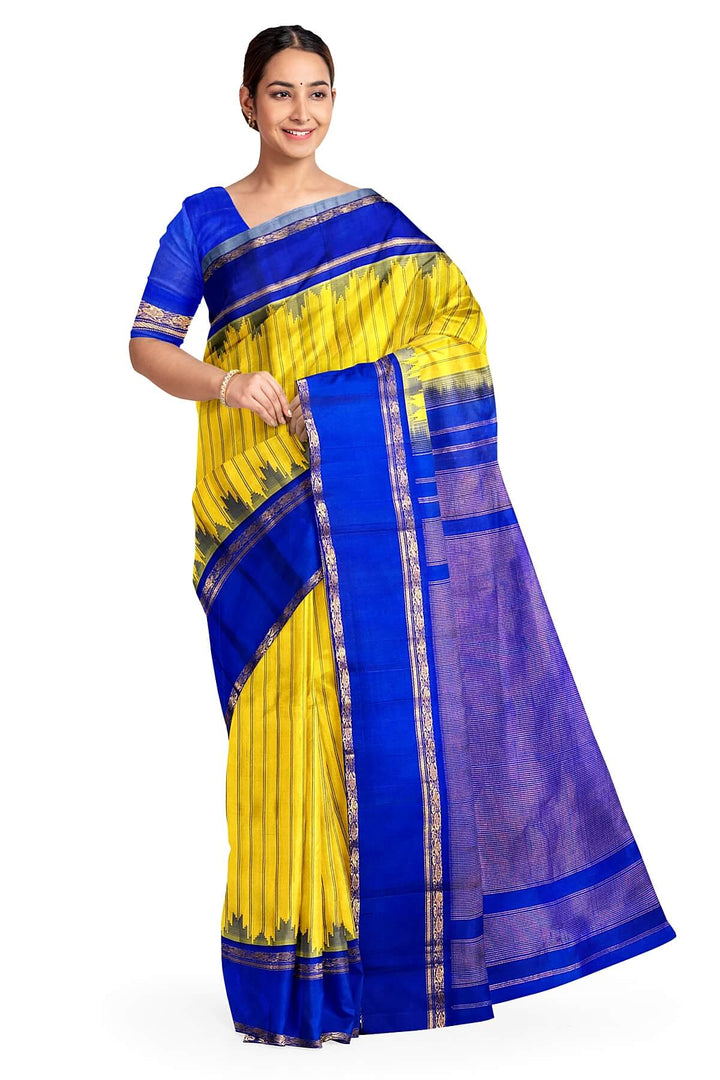 Gadwal pure silk saree in yellow in stripes