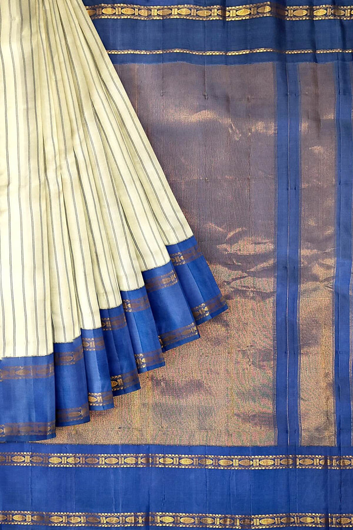 Gadwal pure silk saree in off white in stripes