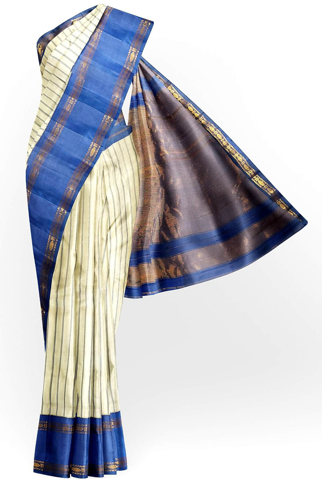 Gadwal pure silk saree in off white in stripes