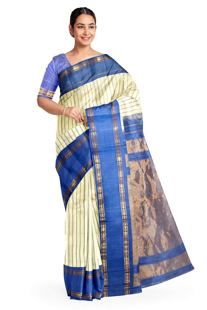 Gadwal pure silk saree in off white in stripes