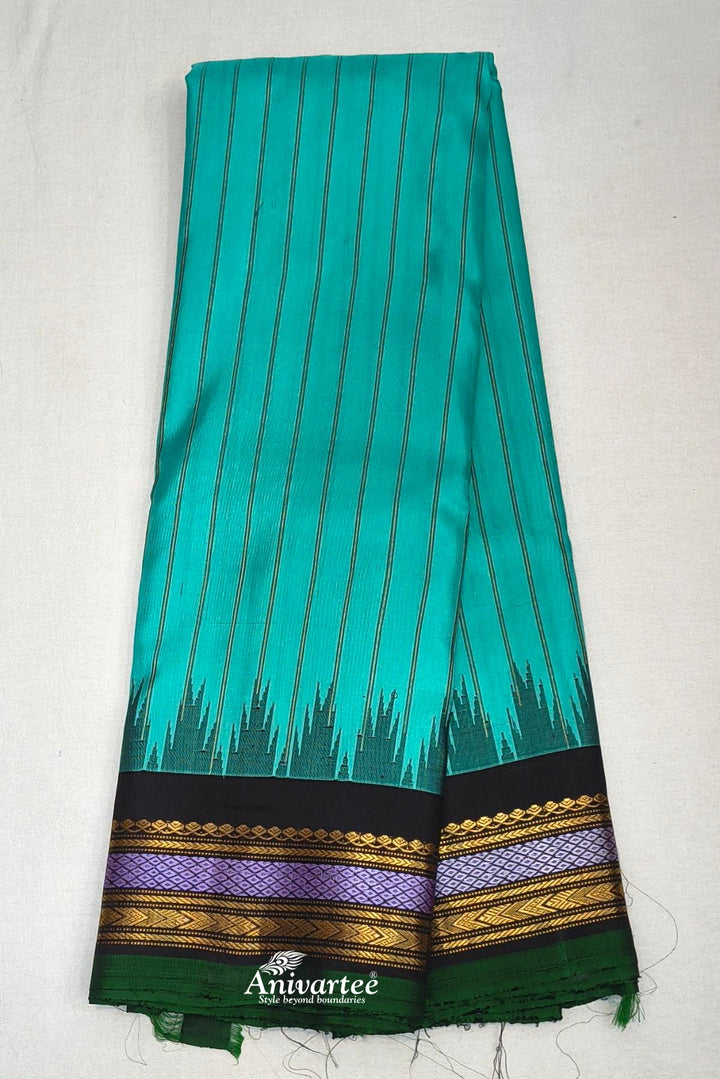 Gadwal pure silk saree in teal  in zari stripes