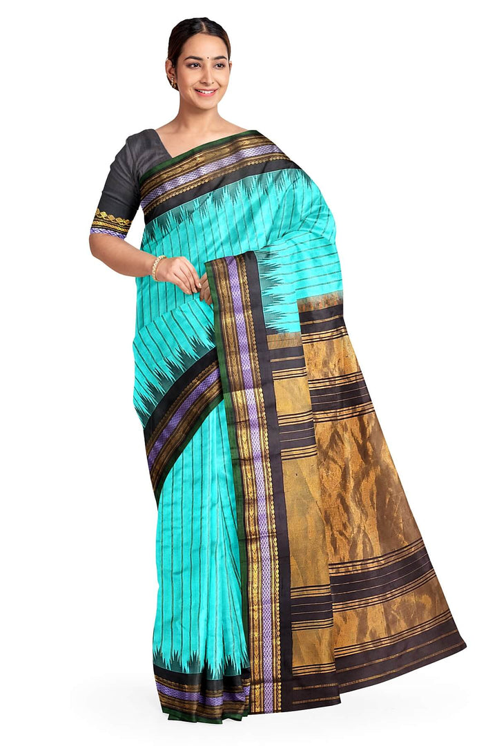 Gadwal pure silk saree in teal  in zari stripes