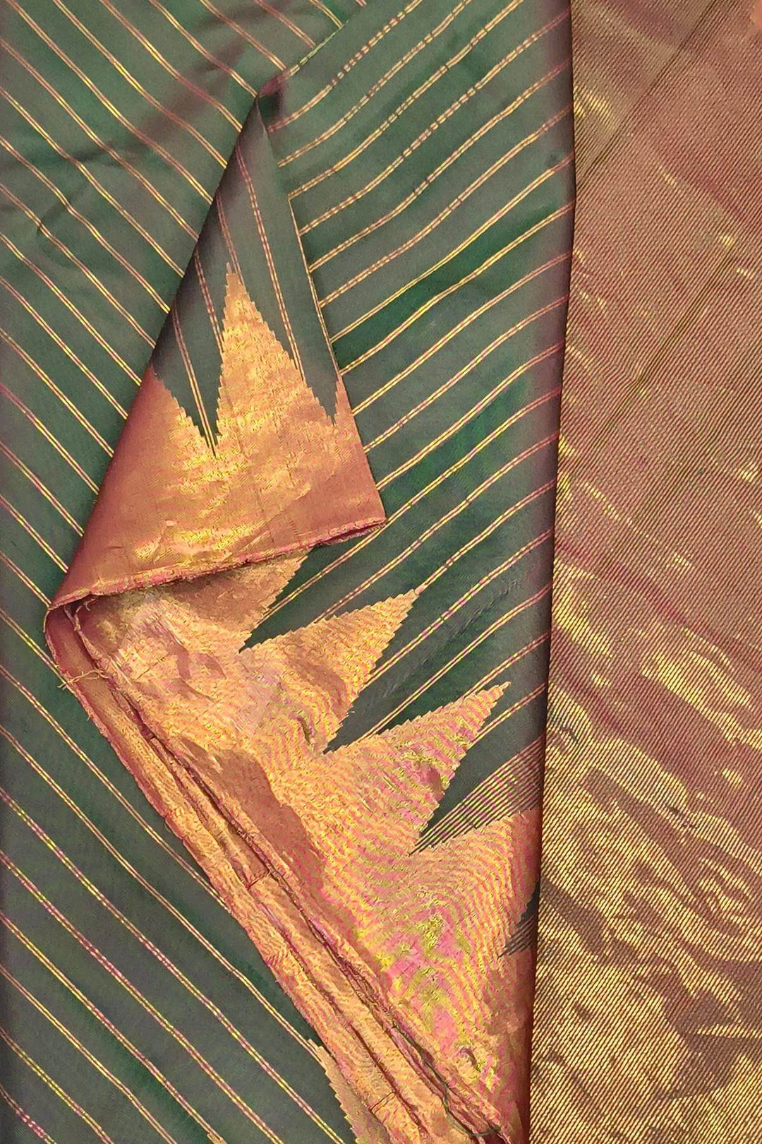 Gadwal pure silk saree in zari stripes in dark green