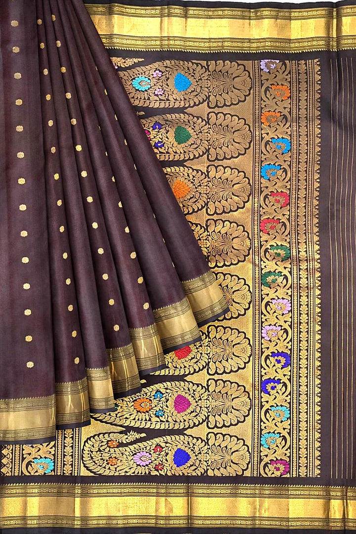 Gadwal pure silk saree in brown with buttis