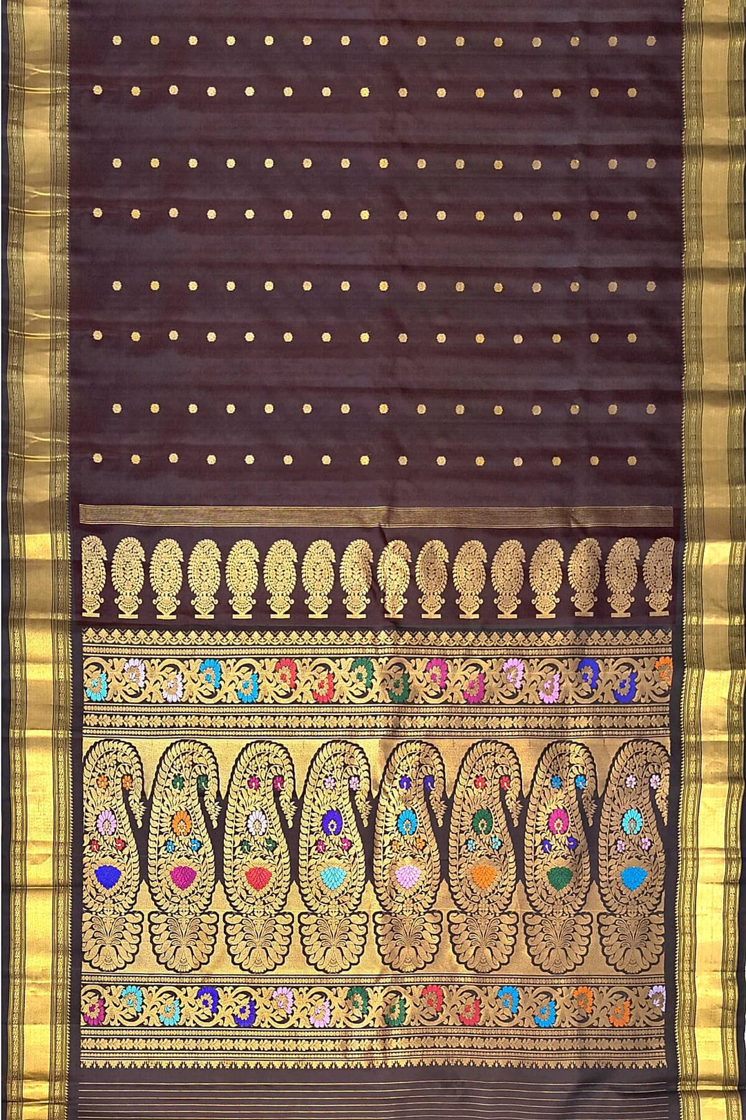 Gadwal pure silk saree in brown with buttis