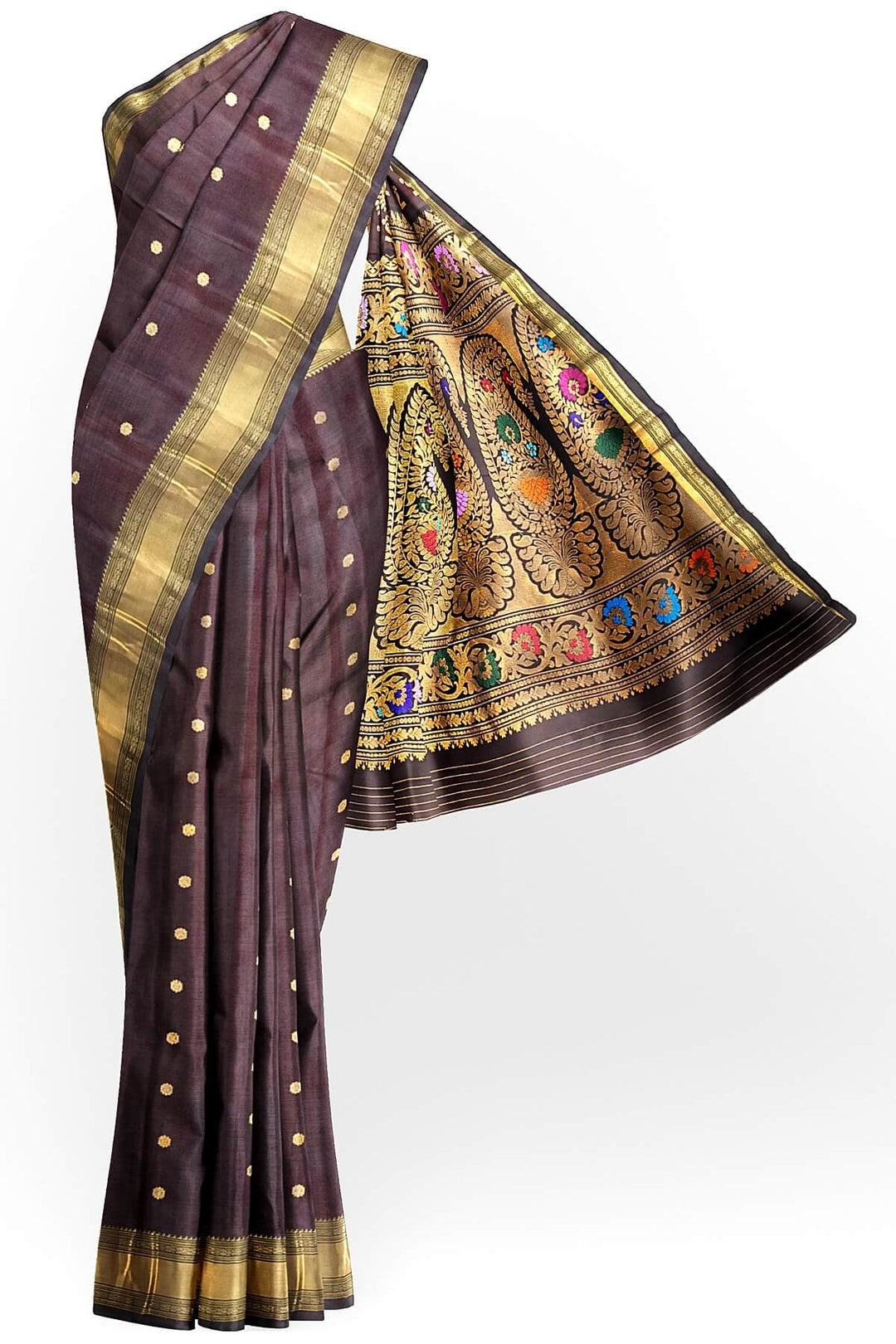 Gadwal pure silk saree in brown with buttis