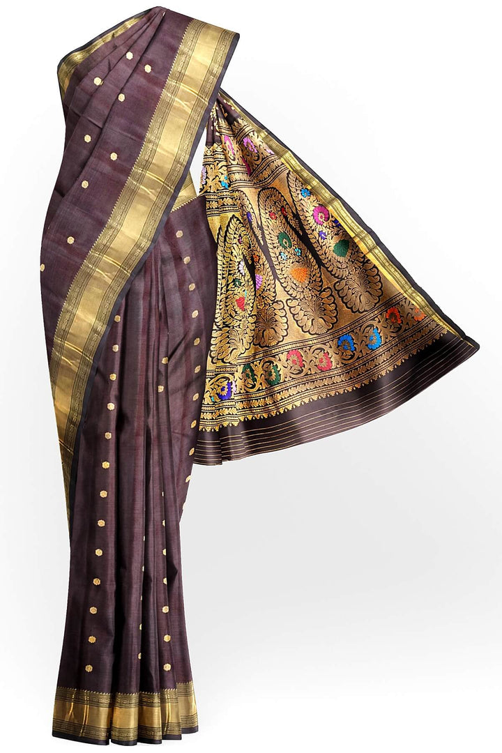 Gadwal pure silk saree in brown with buttis