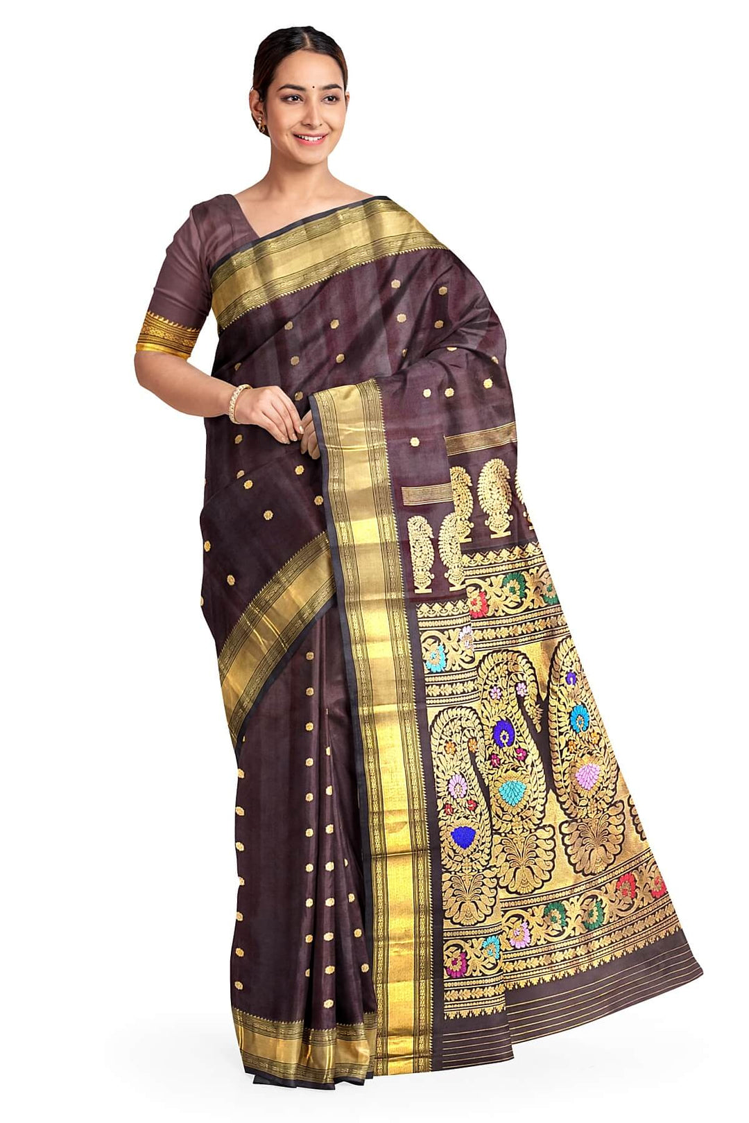 Gadwal pure silk saree in brown with buttis