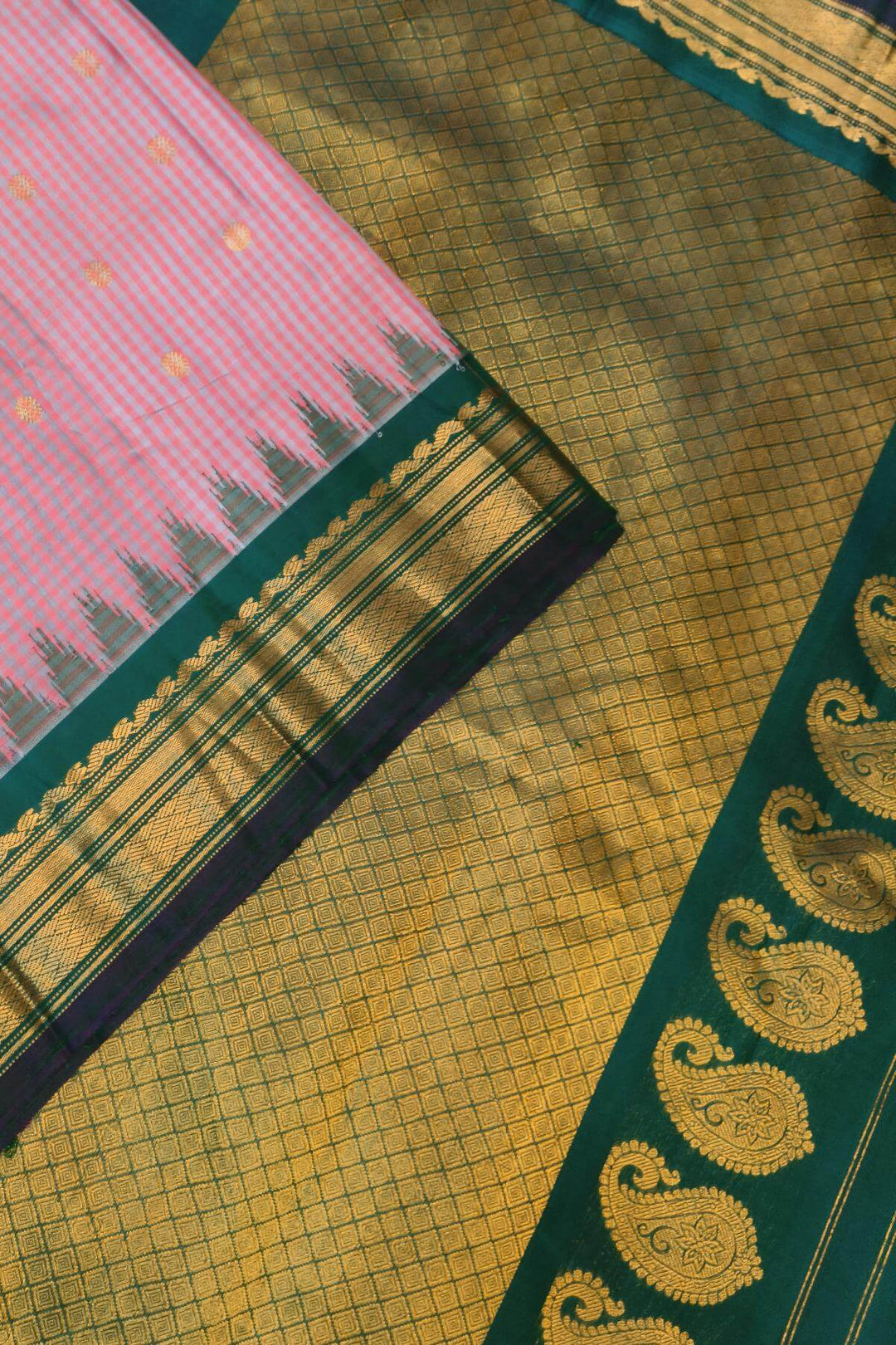 Gadwal pure silk saree in pink in fine checks  with  gold  buttis
