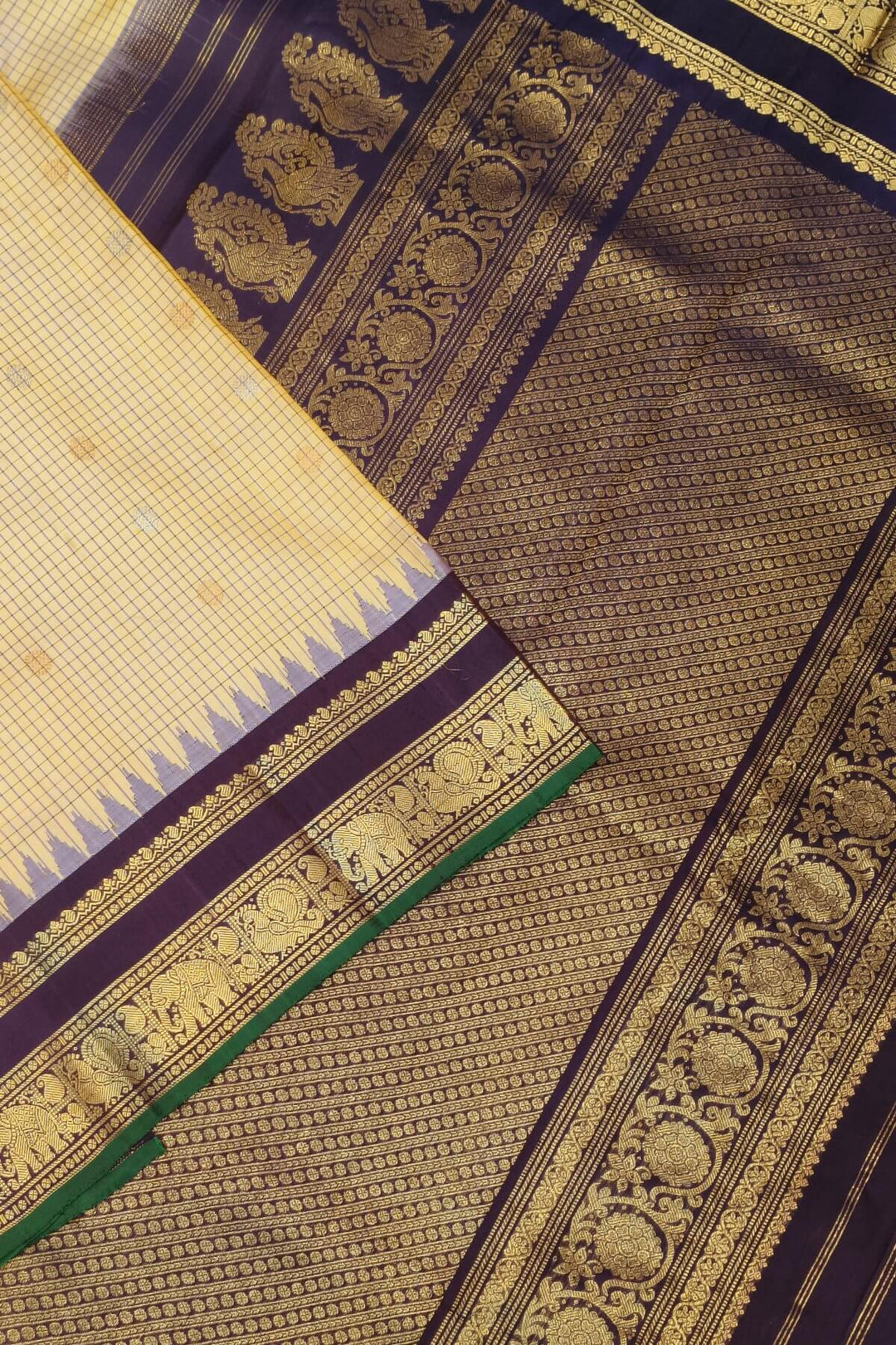 Gadwal pure silk saree in butterscotch in fine checks  with  gold & silver  buttis