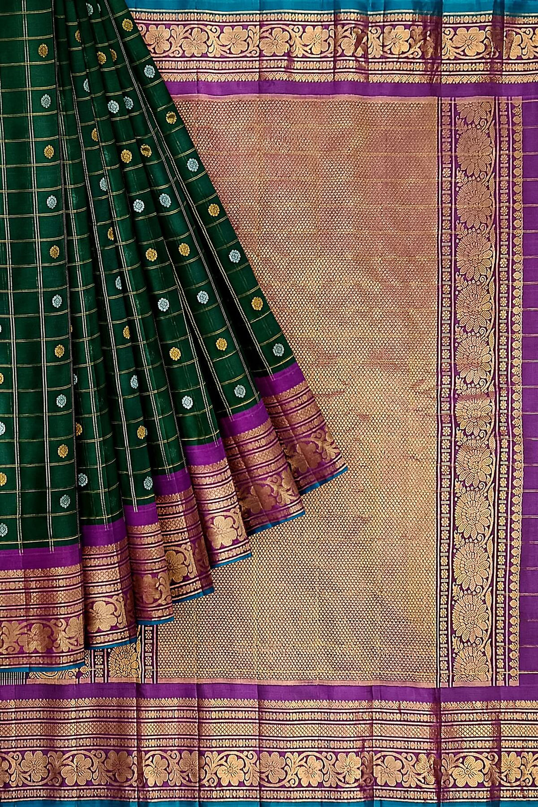 Handloom Gadwal SICO ( silk cotton) saree in bottle green  & purple