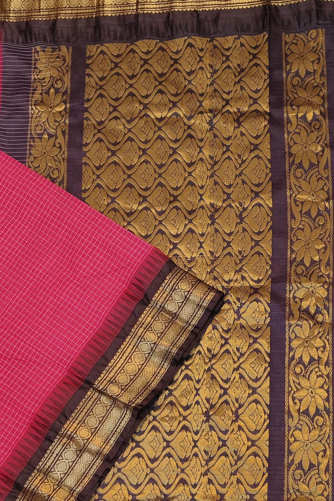 Gadwal cotton silk saree in dark pink & brown