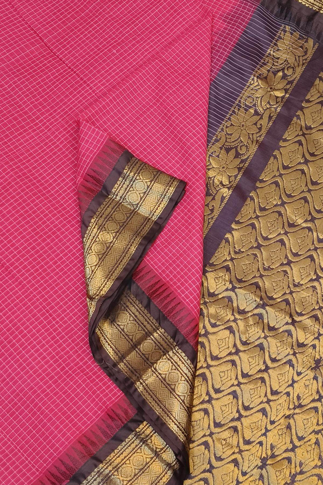 Gadwal cotton silk saree in dark pink & brown