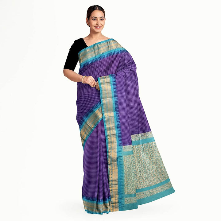 Gadwal cotton silk saree in violet & teal