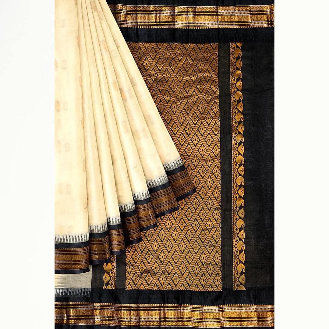 Gadwal cotton silk saree in off white & black