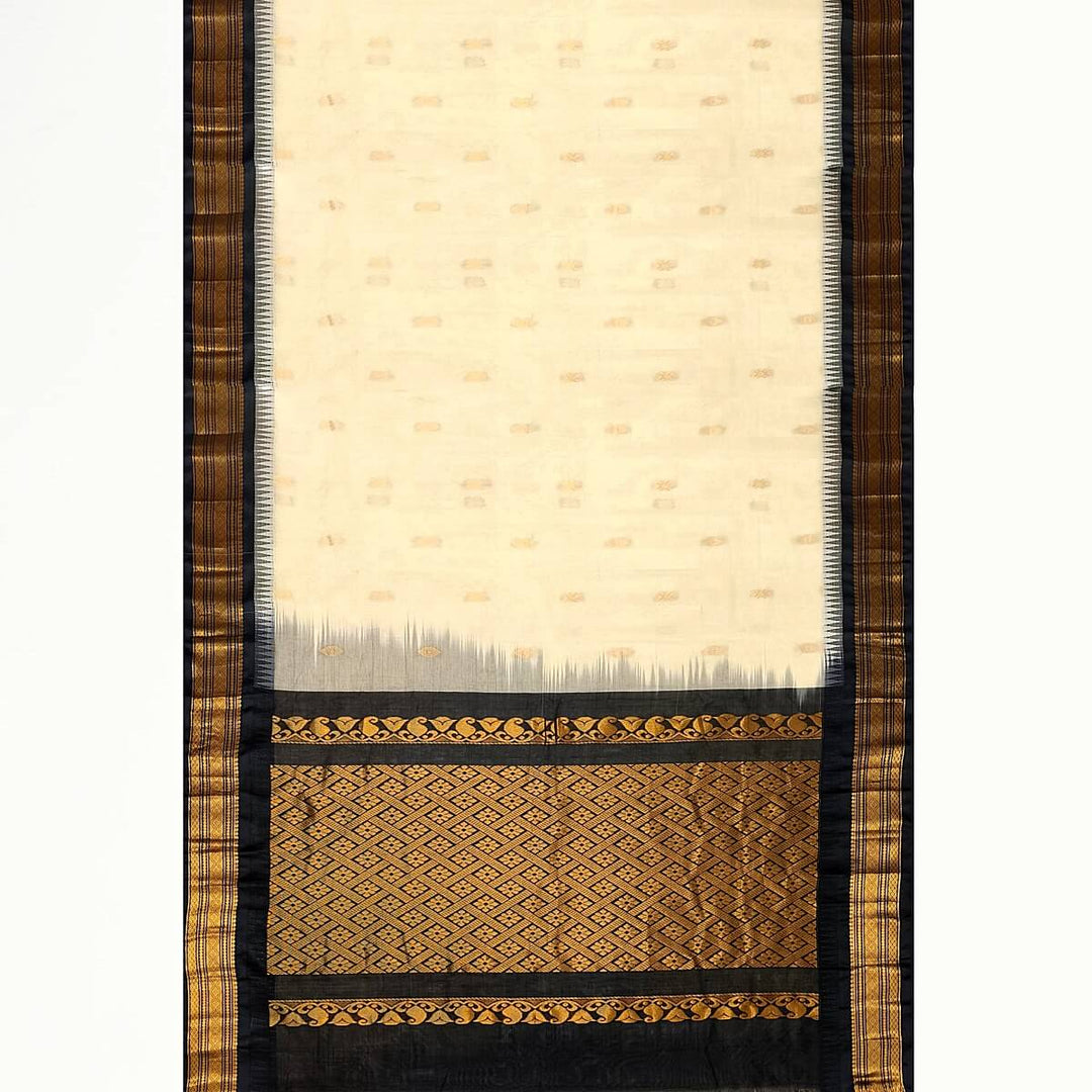 Gadwal cotton silk saree in off white & black