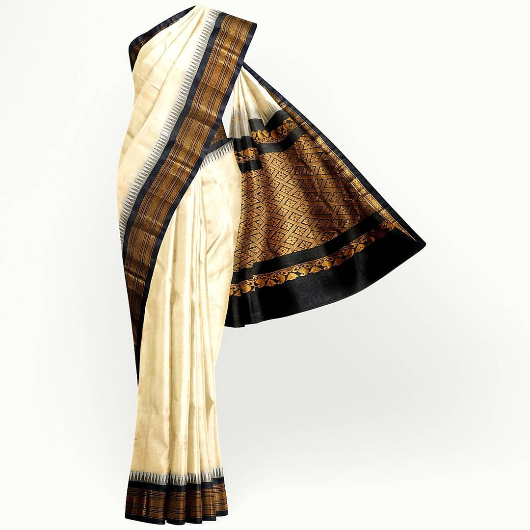 Gadwal cotton silk saree in off white & black