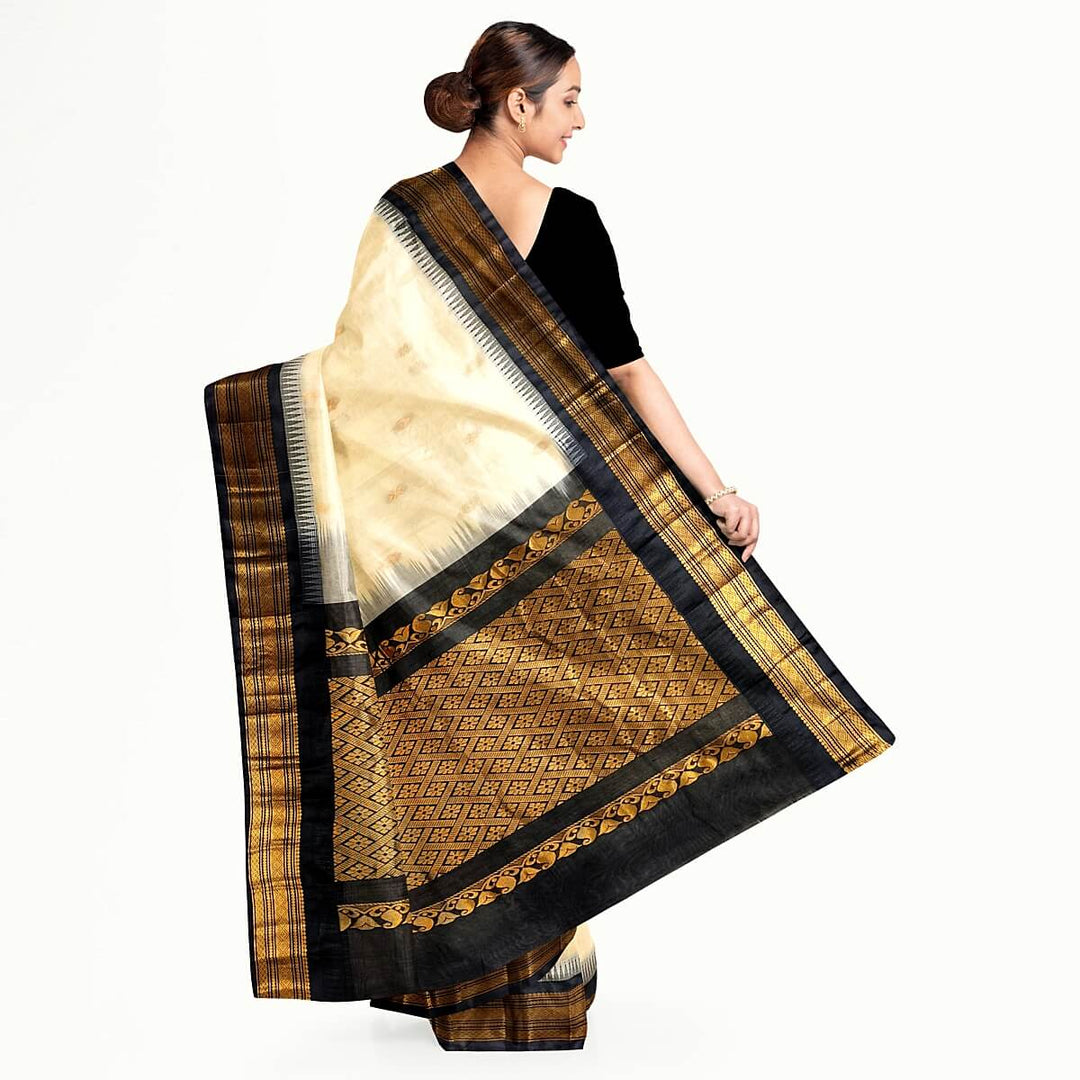 Gadwal cotton silk saree in off white & black