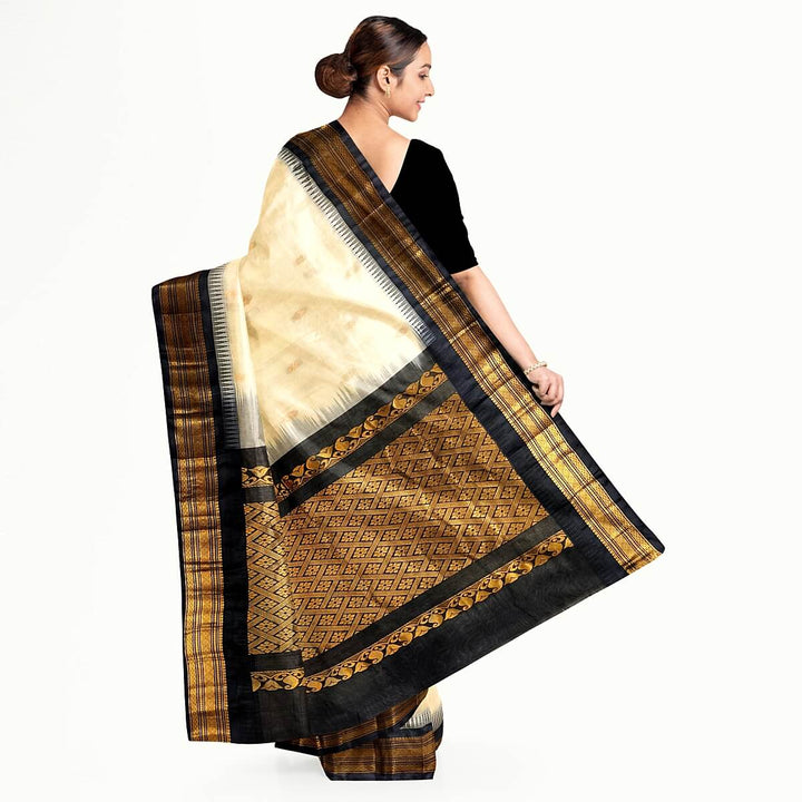 Gadwal cotton silk saree in off white & black