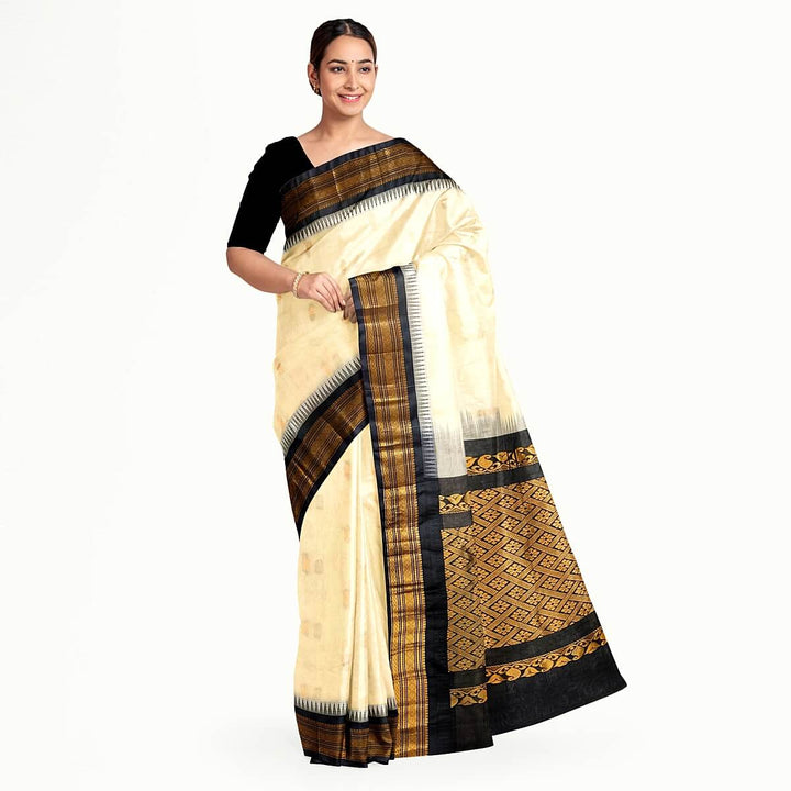 Gadwal cotton silk saree in off white & black