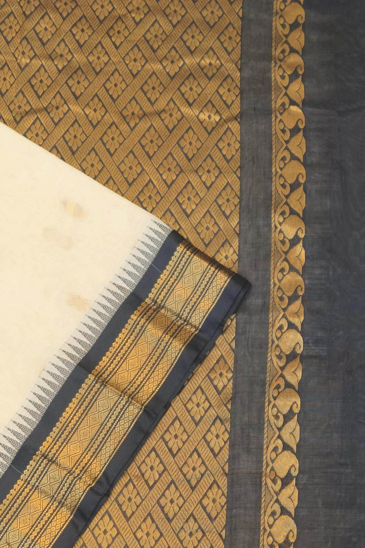 Gadwal cotton silk saree in off white & black