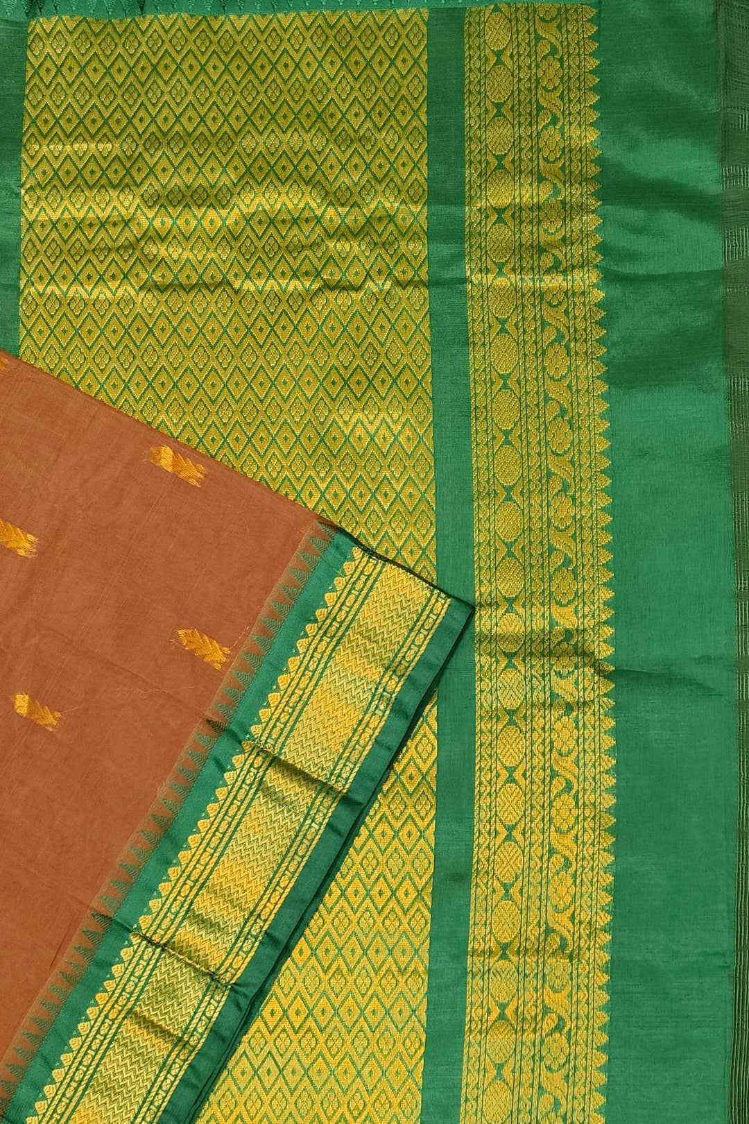 Gadwal cotton silk saree in brown & green