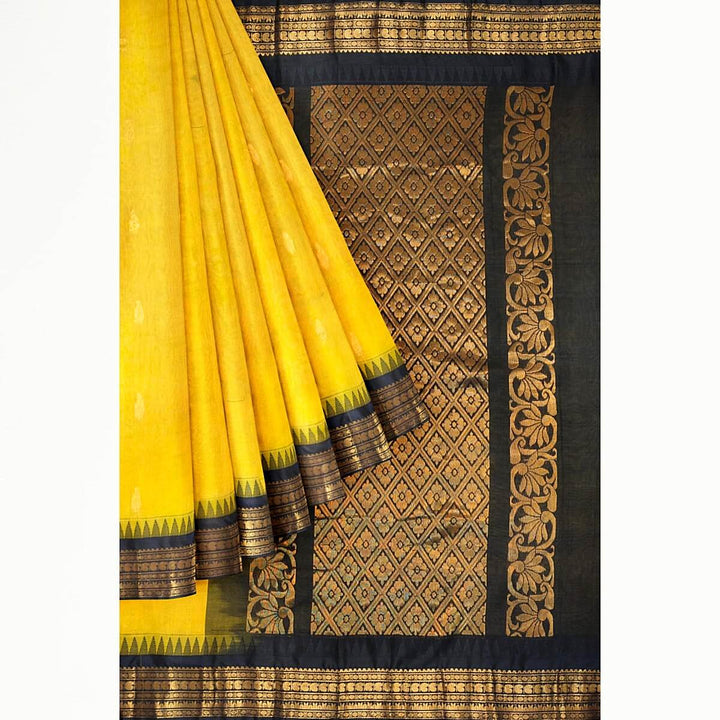 Gadwal cotton silk saree in  lemon green & black